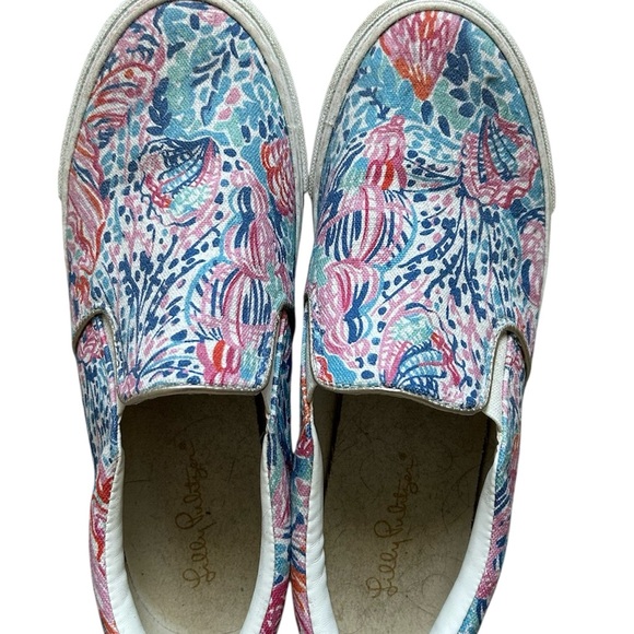 Lilly Pulitzer Shoes - Lilly Pulitzer Pink and Blue Slip-On Sneakers Vibrant Canvas Design Size 8
